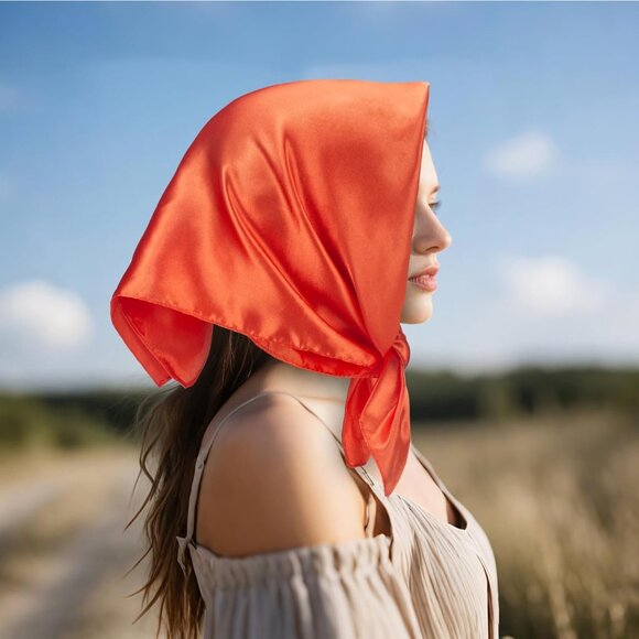 Women's Orange Silk Feeling Scarf 23.6'' Square Satin Scarf Neck Head Bandana - Picture 4 of 7